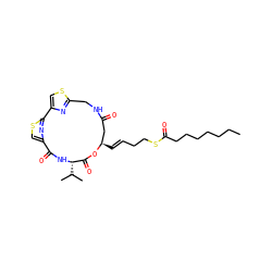 CCCCCCCC(=O)SCC/C=C/[C@@H]1CC(=O)NCc2nc(cs2)-c2nc(cs2)C(=O)N[C@@H](C(C)C)C(=O)O1 ZINC000053242980