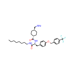 CCCCCCCCNC(=O)[C@H](Cc1ccc(OCc2ccc(C(F)(F)F)cc2)cc1)NC(=O)[C@H]1CC[C@H](CN)CC1 ZINC000653761013