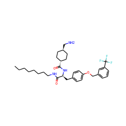 CCCCCCCCNC(=O)[C@H](Cc1ccc(OCc2cccc(C(F)(F)F)c2)cc1)NC(=O)[C@H]1CC[C@H](CN)CC1 ZINC000653761025