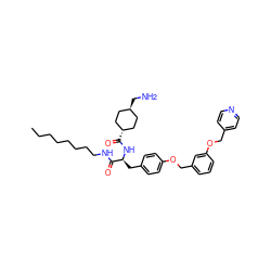 CCCCCCCCNC(=O)[C@H](Cc1ccc(OCc2cccc(OCc3ccncc3)c2)cc1)NC(=O)[C@H]1CC[C@H](CN)CC1 ZINC000653753965