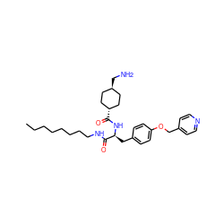 CCCCCCCCNC(=O)[C@H](Cc1ccc(OCc2ccncc2)cc1)NC(=O)[C@H]1CC[C@H](CN)CC1 ZINC000261190784