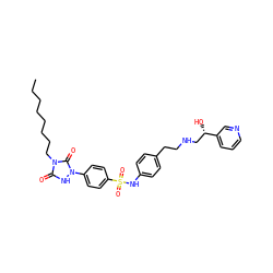 CCCCCCCCn1c(=O)[nH]n(-c2ccc(S(=O)(=O)Nc3ccc(CCNC[C@H](O)c4cccnc4)cc3)cc2)c1=O ZINC000034801607