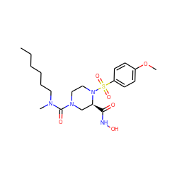 CCCCCCN(C)C(=O)N1CCN(S(=O)(=O)c2ccc(OC)cc2)[C@@H](C(=O)NO)C1 ZINC000013804687