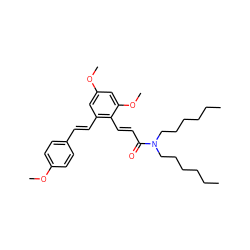 CCCCCCN(CCCCCC)C(=O)/C=C/c1c(/C=C/c2ccc(OC)cc2)cc(OC)cc1OC ZINC000095592733