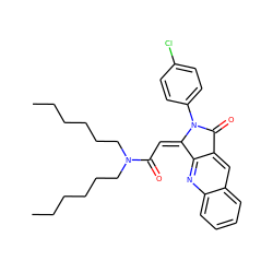 CCCCCCN(CCCCCC)C(=O)/C=C1\c2nc3ccccc3cc2C(=O)N1c1ccc(Cl)cc1 ZINC000013759892