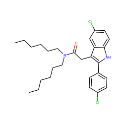 CCCCCCN(CCCCCC)C(=O)Cc1c(-c2ccc(Cl)cc2)[nH]c2ccc(Cl)cc12 ZINC000003786562