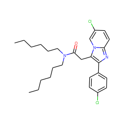 CCCCCCN(CCCCCC)C(=O)Cc1c(-c2ccc(Cl)cc2)nc2ccc(Cl)cn12 ZINC000013607341