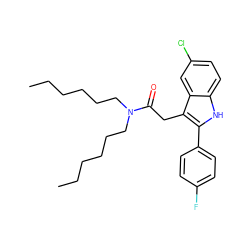 CCCCCCN(CCCCCC)C(=O)Cc1c(-c2ccc(F)cc2)[nH]c2ccc(Cl)cc12 ZINC000013833114