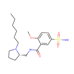 CCCCCCN1CCC[C@H]1CNC(=O)c1cc(S(N)(=O)=O)ccc1OC ZINC000013860950