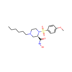 CCCCCCN1CCN(S(=O)(=O)c2ccc(OC)cc2)[C@@H](C(=O)NO)C1 ZINC000013804583