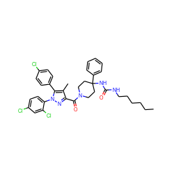 CCCCCCNC(=O)NC1(c2ccccc2)CCN(C(=O)c2nn(-c3ccc(Cl)cc3Cl)c(-c3ccc(Cl)cc3)c2C)CC1 ZINC000084651859