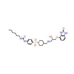 CCCCCCNC(=O)Nc1ccc(S(=O)(=O)N2CCC(CNC[C@H](O)COc3cccc4[nH]c(=O)[nH]c34)CC2)cc1 ZINC000026751841