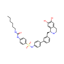 CCCCCCNC(=O)Nc1ccc(S(=O)(=O)Nc2ccc(-c3cccc(C[C@@H]4NCCc5cc(O)c(O)cc54)c3)cc2)cc1 ZINC000026389351