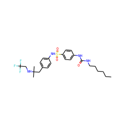 CCCCCCNC(=O)Nc1ccc(S(=O)(=O)Nc2ccc(CC(C)(C)NCC(F)(F)F)cc2)cc1 ZINC000049014424