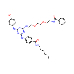 CCCCCCNC(=O)c1ccc(Nc2nc(NCCOCCOCCNC(=O)c3ccccc3)nc(Nc3ccc(O)cc3)n2)cc1 ZINC000198494309