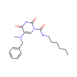 CCCCCCNC(=O)n1cc(N(C)Cc2ccccc2)c(=O)[nH]c1=O ZINC000095592136