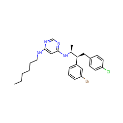 CCCCCCNc1cc(N[C@@H](C)[C@@H](Cc2ccc(Cl)cc2)c2cccc(Br)c2)ncn1 ZINC000043121392