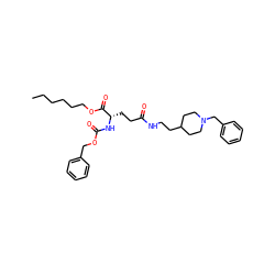 CCCCCCOC(=O)[C@H](CCC(=O)NCCC1CCN(Cc2ccccc2)CC1)NC(=O)OCc1ccccc1 ZINC000049775725