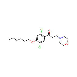 CCCCCCOc1cc(Cl)c(C(=O)CCN2CCOCC2)cc1Cl ZINC000042988521