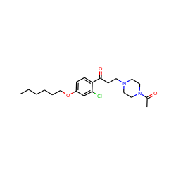 CCCCCCOc1ccc(C(=O)CCN2CCN(C(C)=O)CC2)c(Cl)c1 ZINC000043123392