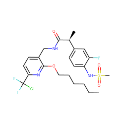 CCCCCCOc1nc(C(F)(F)Cl)ccc1CNC(=O)[C@@H](C)c1ccc(NS(C)(=O)=O)c(F)c1 ZINC000060327395