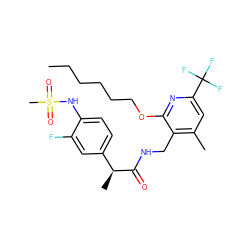 CCCCCCOc1nc(C(F)(F)F)cc(C)c1CNC(=O)[C@@H](C)c1ccc(NS(C)(=O)=O)c(F)c1 ZINC000145691986