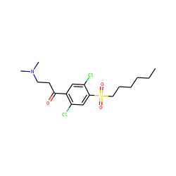 CCCCCCS(=O)(=O)c1cc(Cl)c(C(=O)CCN(C)C)cc1Cl ZINC000043072678