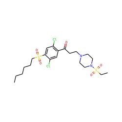 CCCCCCS(=O)(=O)c1cc(Cl)c(C(=O)CCN2CCN(S(=O)(=O)CC)CC2)cc1Cl ZINC000043063050