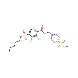 CCCCCCS(=O)(=O)c1ccc(C(=O)CCN2CCN(S(=O)(=O)CC)CC2)c(Cl)c1Cl ZINC000043063408