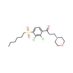 CCCCCCS(=O)(=O)c1ccc(C(=O)CCN2CCOCC2)c(Cl)c1Cl ZINC000043059701