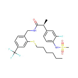 CCCCCCSc1cc(C(F)(F)F)ccc1CNC(=O)[C@@H](C)c1ccc(NS(C)(=O)=O)c(F)c1 ZINC000473156108