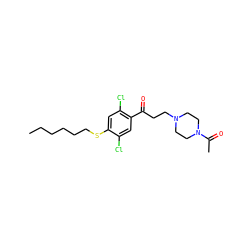 CCCCCCSc1cc(Cl)c(C(=O)CCN2CCN(C(C)=O)CC2)cc1Cl ZINC000043070969