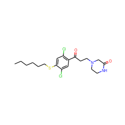 CCCCCCSc1cc(Cl)c(C(=O)CCN2CCNC(=O)C2)cc1Cl ZINC000096903586