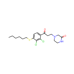 CCCCCCSc1ccc(C(=O)CCN2CCNC(=O)C2)c(Cl)c1Cl ZINC000042920831