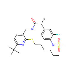 CCCCCCSc1nc(C(C)(C)C)ccc1CNC(=O)[C@H](C)c1ccc(NS(C)(=O)=O)c(F)c1 ZINC001772623631