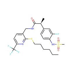 CCCCCCSc1nc(C(F)(F)F)ccc1CNC(=O)[C@@H](C)c1ccc(NS(C)(=O)=O)c(F)c1 ZINC000096286104