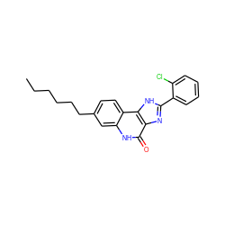 CCCCCCc1ccc2c(c1)[nH]c(=O)c1nc(-c3ccccc3Cl)[nH]c12 ZINC000096270722