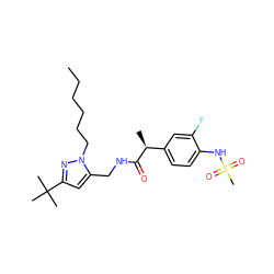 CCCCCCn1nc(C(C)(C)C)cc1CNC(=O)[C@@H](C)c1ccc(NS(C)(=O)=O)c(F)c1 ZINC000113486590