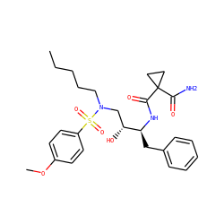 CCCCCN(C[C@@H](O)[C@H](Cc1ccccc1)NC(=O)C1(C(N)=O)CC1)S(=O)(=O)c1ccc(OC)cc1 ZINC000040918654