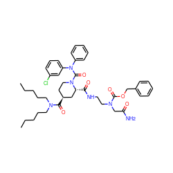 CCCCCN(CCCCC)C(=O)[C@H]1CCN(C(=O)N(c2ccccc2)c2cccc(Cl)c2)[C@H](C(=O)NCCN(CC(N)=O)C(=O)OCc2ccccc2)C1 ZINC000095612291