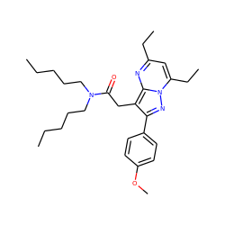 CCCCCN(CCCCC)C(=O)Cc1c(-c2ccc(OC)cc2)nn2c(CC)cc(CC)nc12 ZINC000653894836