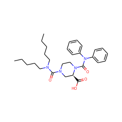 CCCCCN(CCCCC)C(=O)N1CCN(C(=O)N(c2ccccc2)c2ccccc2)[C@@H](C(=O)O)C1 ZINC000026159028