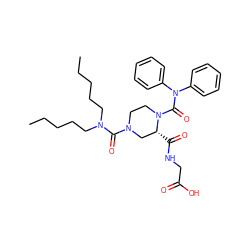 CCCCCN(CCCCC)C(=O)N1CCN(C(=O)N(c2ccccc2)c2ccccc2)[C@H](C(=O)NCC(=O)O)C1 ZINC000026650683