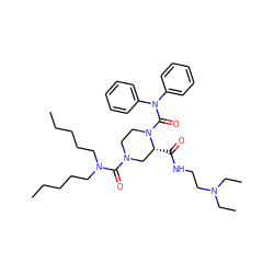 CCCCCN(CCCCC)C(=O)N1CCN(C(=O)N(c2ccccc2)c2ccccc2)[C@H](C(=O)NCCN(CC)CC)C1 ZINC000026652354