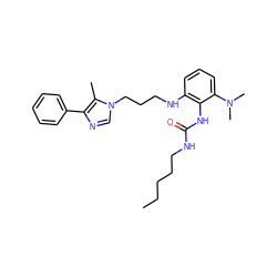 CCCCCNC(=O)Nc1c(NCCCn2cnc(-c3ccccc3)c2C)cccc1N(C)C ZINC000013827568