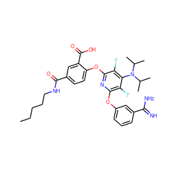 CCCCCNC(=O)c1ccc(Oc2nc(Oc3cccc(C(=N)N)c3)c(F)c(N(C(C)C)C(C)C)c2F)c(C(=O)O)c1 ZINC000028568929