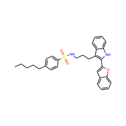 CCCCCc1ccc(S(=O)(=O)NCCCc2c(-c3cc4ccccc4o3)[nH]c3ccccc23)cc1 ZINC000014978390