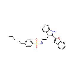 CCCCCc1ccc(S(=O)(=O)NCCc2c(-c3cc4ccccc4o3)[nH]c3ccccc23)cc1 ZINC000014978387