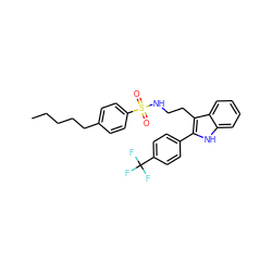 CCCCCc1ccc(S(=O)(=O)NCCc2c(-c3ccc(C(F)(F)F)cc3)[nH]c3ccccc23)cc1 ZINC000014978381