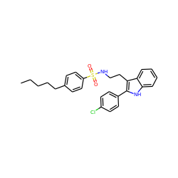 CCCCCc1ccc(S(=O)(=O)NCCc2c(-c3ccc(Cl)cc3)[nH]c3ccccc23)cc1 ZINC000014978375